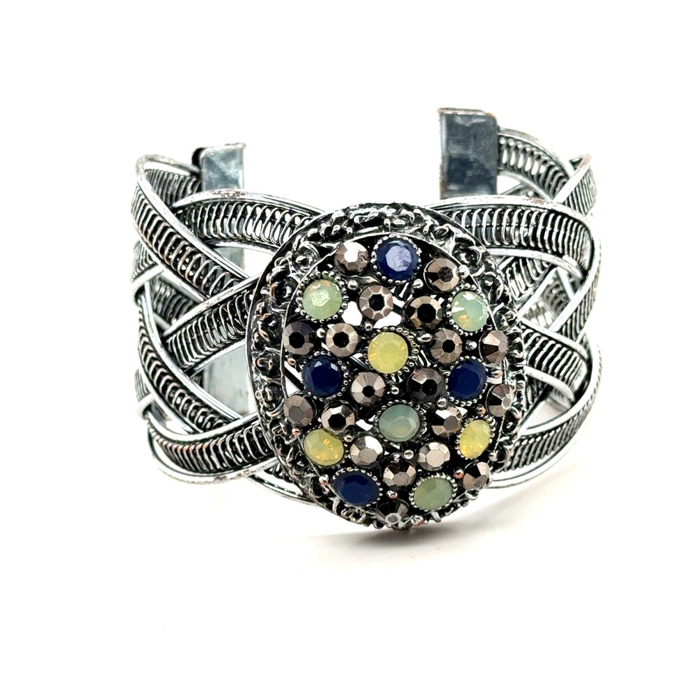 Vintage Silver Tone Woven Wire Cuff Bracelet Multi Color Crystal Medallion Boho